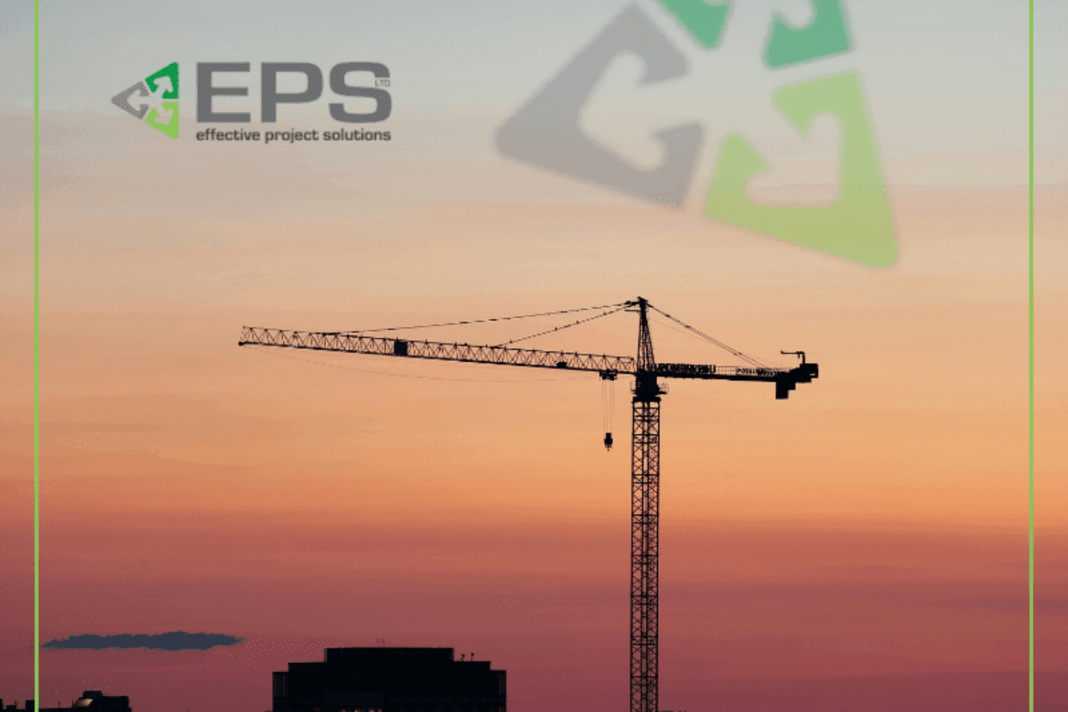 image shows construction crane backlit by sunset