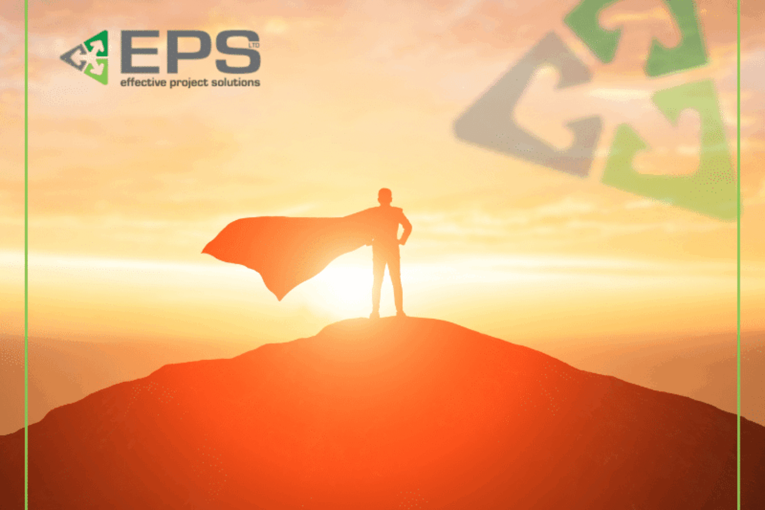 image shows a heroic figure standing in the background backlit by the sun at the top of a mountain