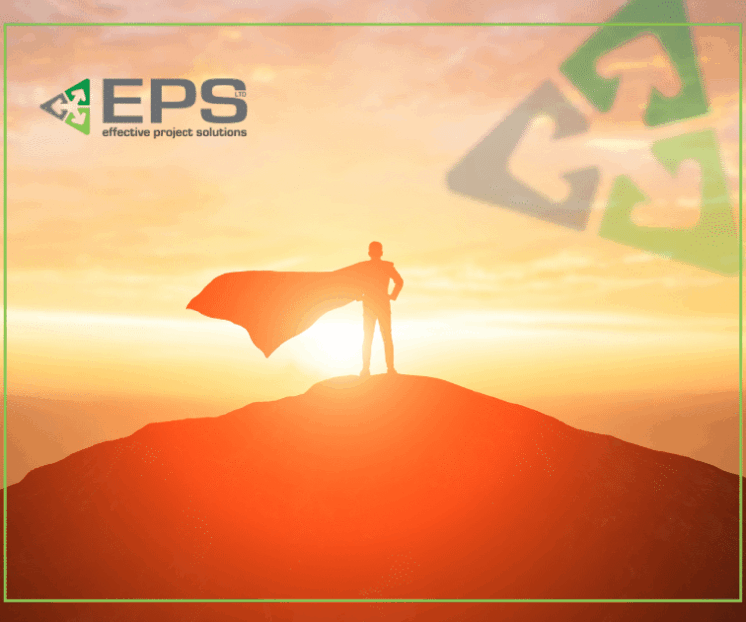 image shows a heroic figure standing in the background backlit by the sun at the top of a mountain